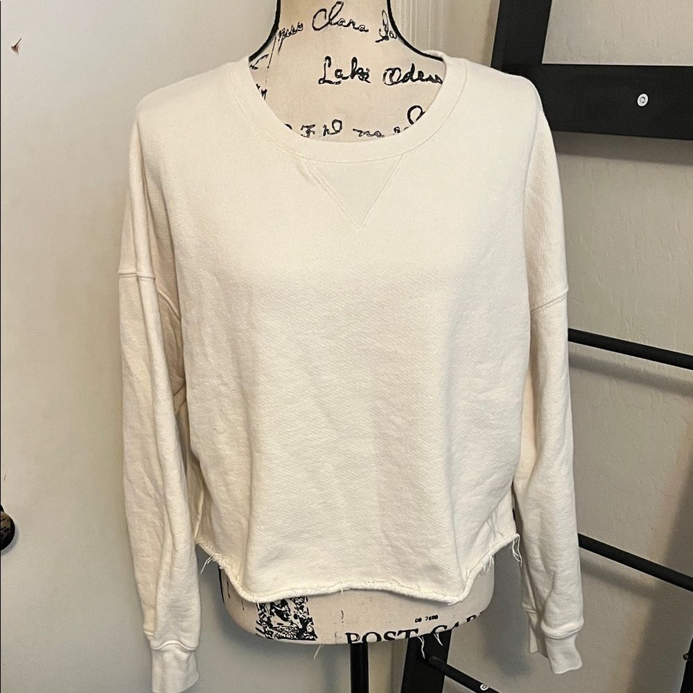 Simon Miller Off White Colored Distressed Pullover Crop Sweatshirt Modern Boho